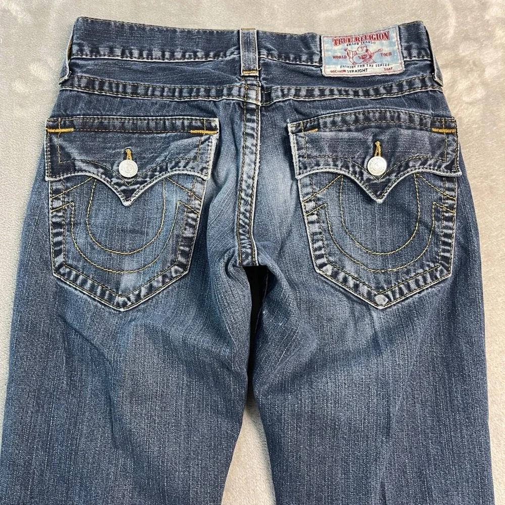 True Religion Straight Flap Pocket Blue Jeans 31x27 Faded Denim Distressed